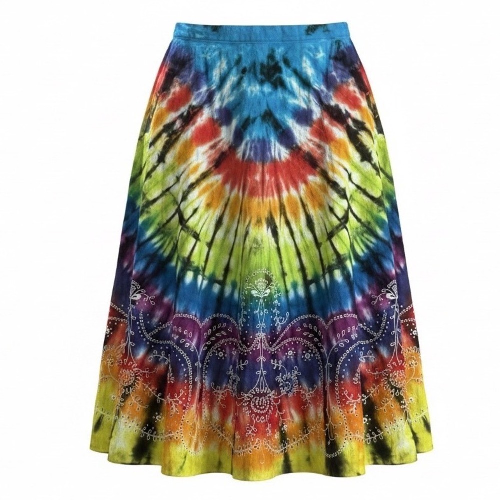 Vintage LRL Ralph Lauren Tie Dye Eyelet Embroidered Linen Cotton Midi Skirt 12